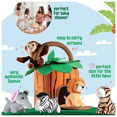 6-Piece Plush Talking Jungle Animals Set with Carrier - Elephant, Tiger, Lion, Zebra, Monkey