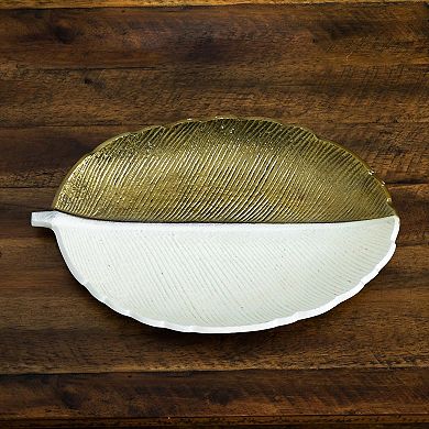 nearly natural Gold Finish & White Leaf Decorative Tray