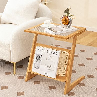 Z-shaped End Table With Magazine Rack And Rattan Shelf