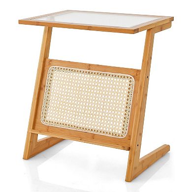 Z-shaped End Table With Magazine Rack And Rattan Shelf