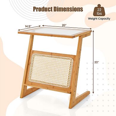 Z-shaped End Table With Magazine Rack And Rattan Shelf