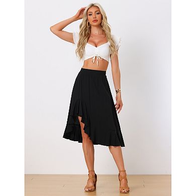 Asymmetrical Ruffle Hem Skirts For Women's High Elastic Waist Solid Midi Skirt