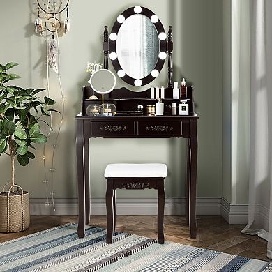 Makeup Dressing Table With Touch Switch Lighted Mirror And Cushioned Stool