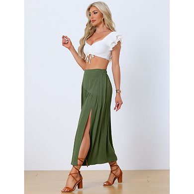 Elastic Waist A Line Skirt For Women Side Zipper Swing Casual Boho Midi Skirt