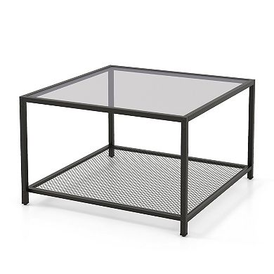 Modern 2-tier Square Glass Coffee Table With Mesh Shelf