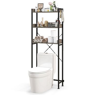 Over The Toilet Storage Rack With Hooks And Adjustable Bottom Bar