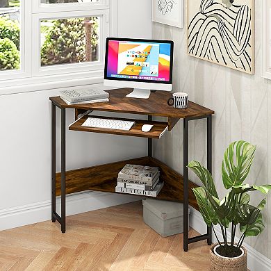 Triangle Corner Desk With Charging Station Keyboard Tray And Storage Shelf-rustic Brown