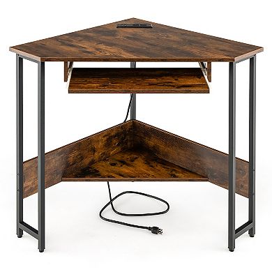 Triangle Corner Desk With Charging Station Keyboard Tray And Storage Shelf-rustic Brown