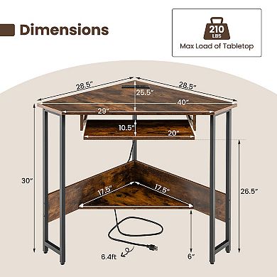 Triangle Corner Desk With Charging Station Keyboard Tray And Storage Shelf-rustic Brown