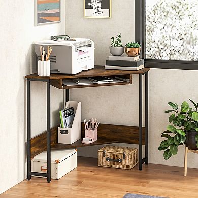 Triangle Corner Desk With Charging Station Keyboard Tray And Storage Shelf-rustic Brown