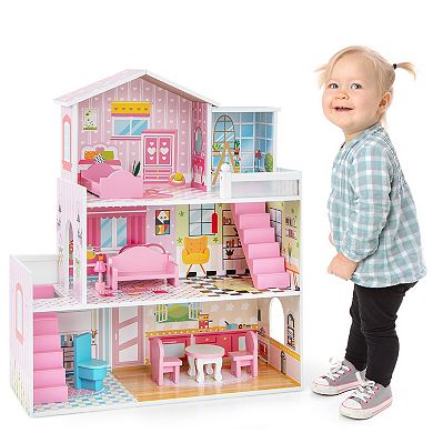 Kids Wooden Dollhouse Playset With 5 Simulated Rooms And 10 Pieces Of Furniture-pink