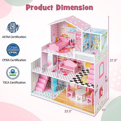 Kids Wooden Dollhouse Playset With 5 Simulated Rooms And 10 Pieces Of Furniture-pink