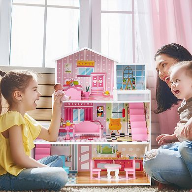 Kids Wooden Dollhouse Playset With 5 Simulated Rooms And 10 Pieces Of Furniture-pink