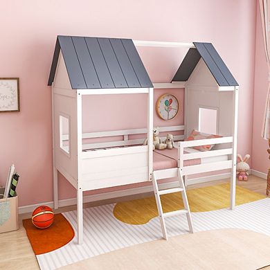 Twin Size Kids House Bed Low Loft Bed Frame With Roof