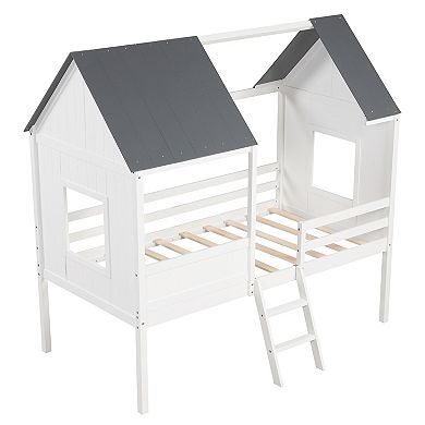 Twin Size Kids House Bed Low Loft Bed Frame With Roof