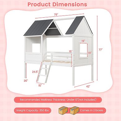 Twin Size Kids House Bed Low Loft Bed Frame With Roof