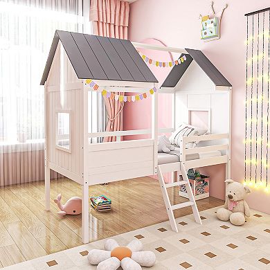 Twin Size Kids House Bed Low Loft Bed Frame With Roof