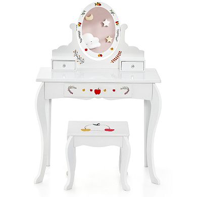 Kids Vanity And Stool Set With 360° Rotatable Mirror And Whiteboard-White