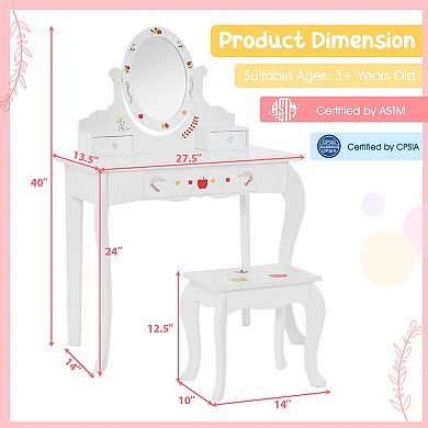 Kids Vanity And Stool Set With 360° Rotatable Mirror And Whiteboard-White