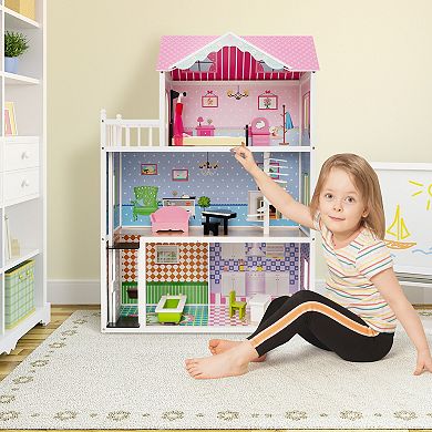 Wooden Dollhouse With Working Elevator And Rotatable Staircase-Pink