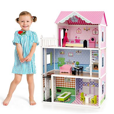 Wooden Dollhouse With Working Elevator And Rotatable Staircase-Pink