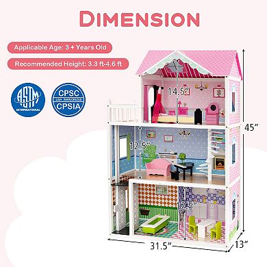 Wooden Dollhouse With Working Elevator And Rotatable Staircase-Pink