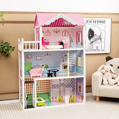 Wooden Dollhouse With Working Elevator And Rotatable Staircase-Pink