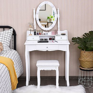 Oval Mirror Vanity Set  With 10 Led Dimmable Bulbs And 3 Drawers