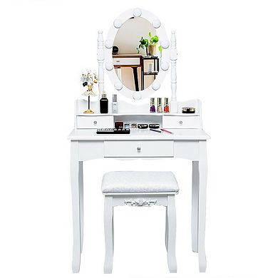 Oval Mirror Vanity Set  With 10 Led Dimmable Bulbs And 3 Drawers