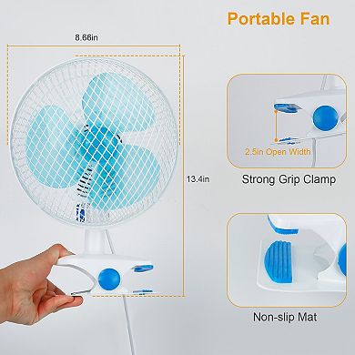 White, Quiet Clip On Fan With Adjustable Tilt, 2 Speeds, Auto Shaking Feature, Wall Mount