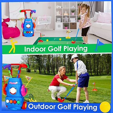 Kids, Golf Set With 4 Balls, 4 Clubs, 2 Holes, 2 Flags, And Golf Cart