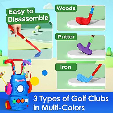 Kids, Golf Set With 4 Balls, 4 Clubs, 2 Holes, 2 Flags, And Golf Cart