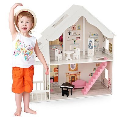 Semi-opened Diy Dollhouse With Simulated Rooms And Furniture Set