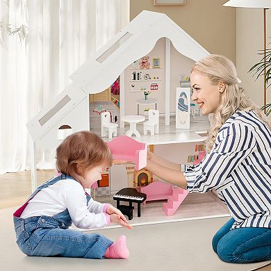 Semi-opened Diy Dollhouse With Simulated Rooms And Furniture Set