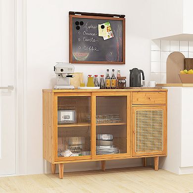 Modern Bamboo Buffet Sideboard Cabinet With Tempered Glass Sliding Doors-natural