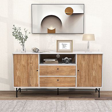 Mid Century Modern Buffet Sideboard With Sliding Tambour Doors And 2 Storage Drawers-white