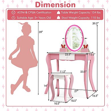 Kids Vanity Table And Stool Set With 360° Rotating Mirror And Whiteboard-Pink