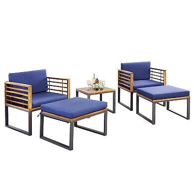 5 Piece Patio Acacia Wood Chair Set With Ottomans And Coffee Table-navy