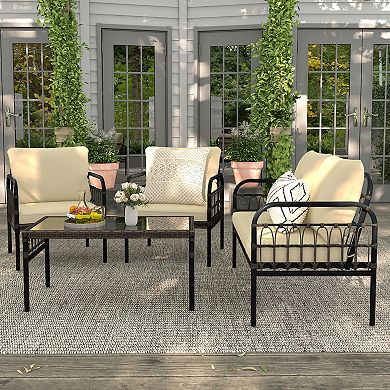 4 Pieces Outdoor Wicker Conversation Bistro Set With Soft Cushions And Tempered Glass Coffee Table