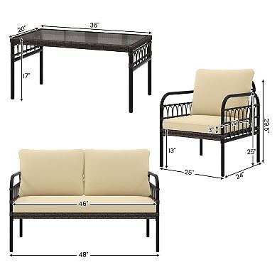4 Pieces Outdoor Wicker Conversation Bistro Set With Soft Cushions And Tempered Glass Coffee Table