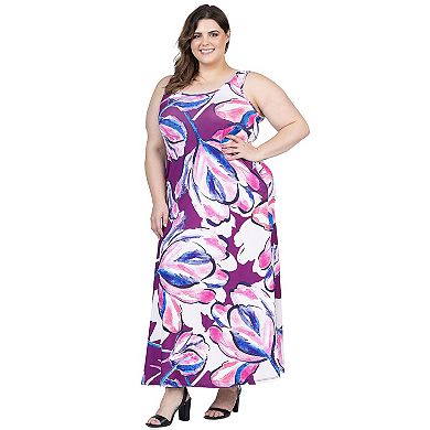 Plus Size 24Seven Comfort Apparel Floral Print Sleeveless Maxi Dress With Pockets