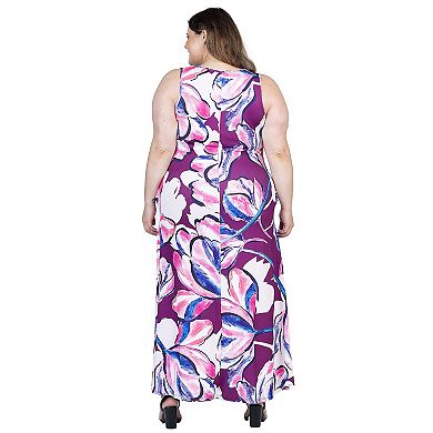 Plus Size 24Seven Comfort Apparel Floral Print Sleeveless Maxi Dress With Pockets