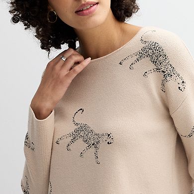 Women's Catherine Malandrino Long Sleeve Crewneck Birdseye Jacquard T-Body Leopards Sweater