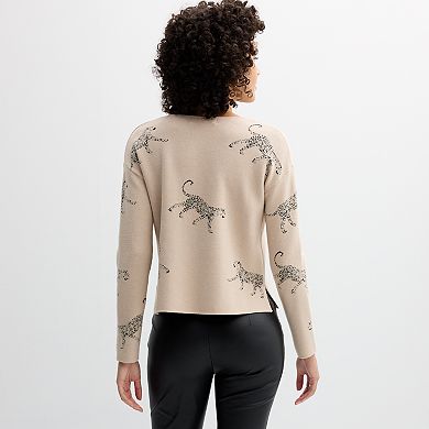 Women's Catherine Malandrino Long Sleeve Crewneck Birdseye Jacquard T-Body Leopards Sweater