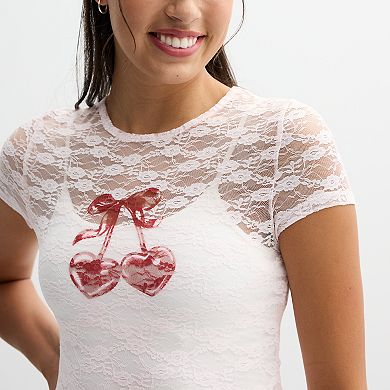 Juniors' Sugar Moon Short Sleeve Lace Cropped Tee