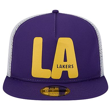 Men's New Era Purple Los Angeles Lakers Puff Print Team Code A-Frame 9FIFTY Trucker Snapback Hat