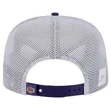 Men's New Era Purple Los Angeles Lakers Puff Print Team Code A-Frame 9FIFTY Trucker Snapback Hat