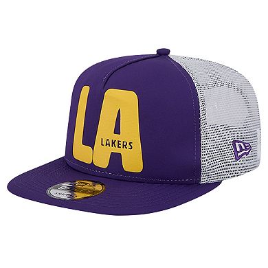 Men's New Era Purple Los Angeles Lakers Puff Print Team Code A-Frame 9FIFTY Trucker Snapback Hat