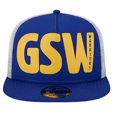 Men's New Era Royal Golden State Warriors Puff Print Team Code A-Frame 9FIFTY Trucker Snapback Hat