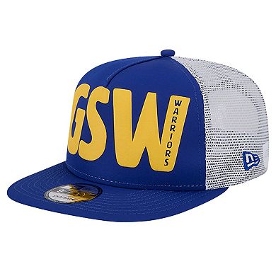 Men's New Era Royal Golden State Warriors Puff Print Team Code A-Frame 9FIFTY Trucker Snapback Hat
